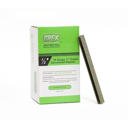 Grex Power Tools Staples, 18 ga, Wide Crown, 1/2 in Leg L, Steel, 5000 PK GNS18-12 (L08)